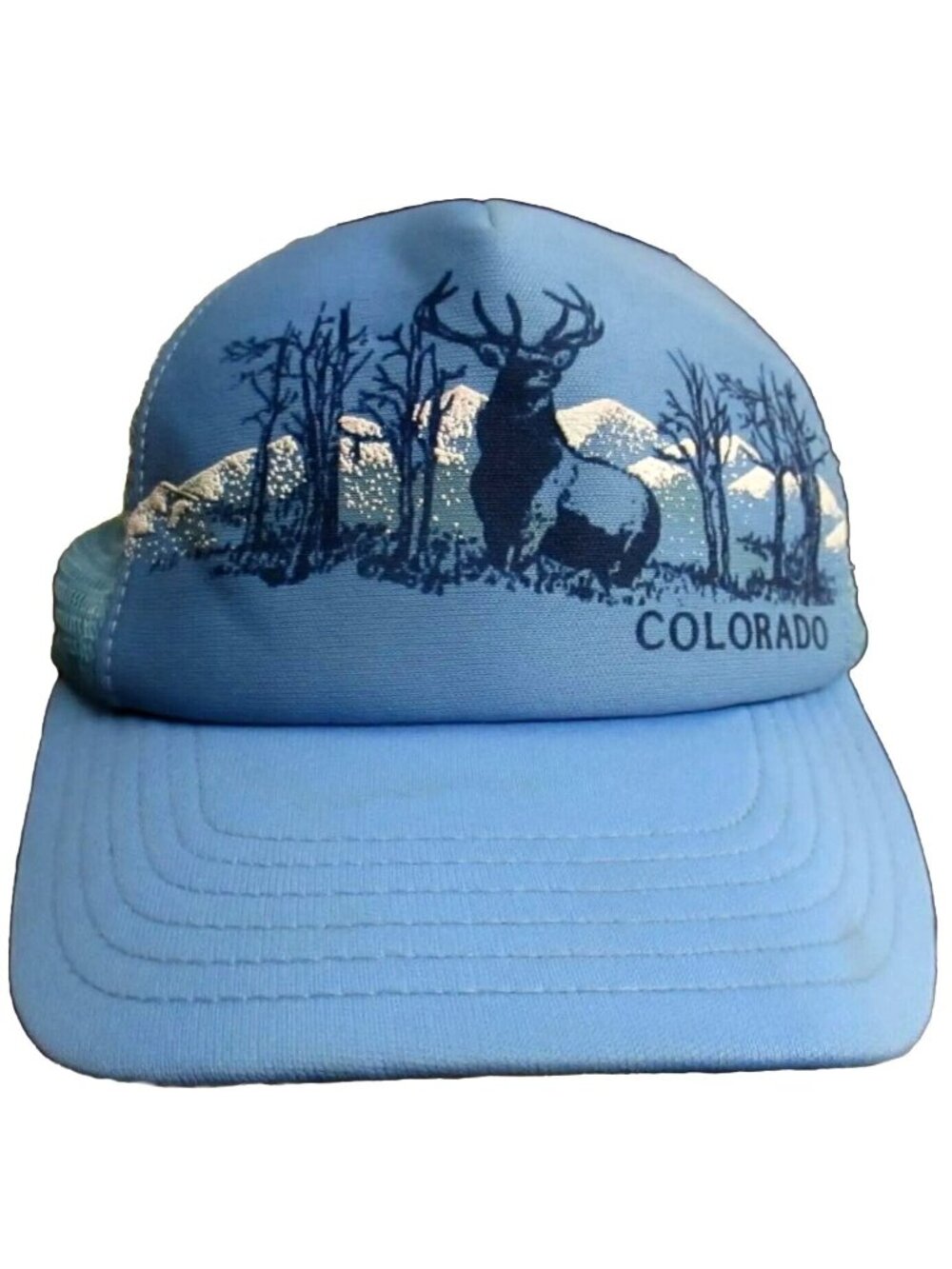 Vintage Trucker Hat Cap Colorado Mesh-Back Deer Print Mountain Design Light Blue